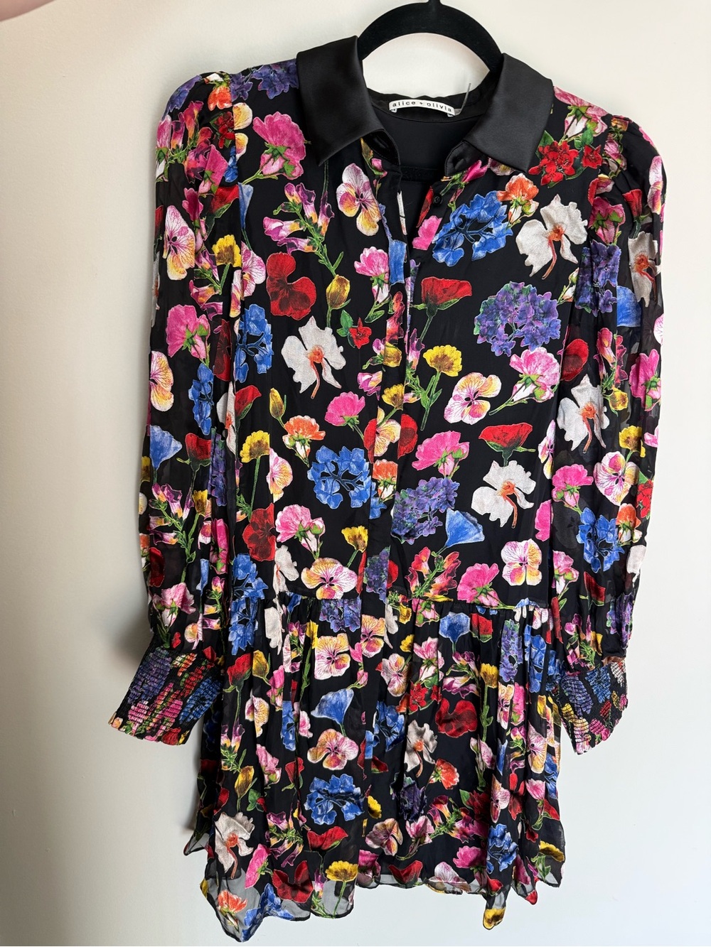 Alice + Olivia Black Floral Long-Sleeve Mini Dress-Silk Blend, M